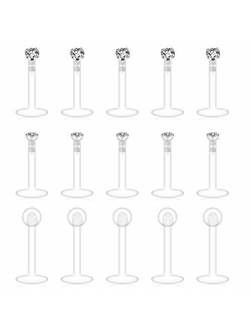 Ruifan 10-15PCS 16G Clear UV Flexible Acrylic 2mm CZ Gem Labret Monroe Lip Ring Tragus Helix Cartilage Earring Stud Barbell Body Piercing Jewelry