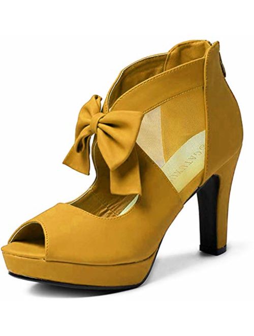 GATUXUS Open Toe Women Platform High Heel Shoes Bows Strappy Sandals