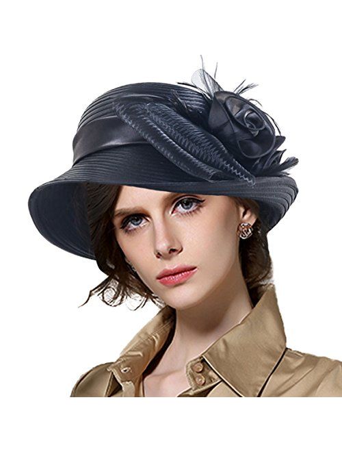 VECRY Lady Derby Dress Church Cloche Hat Bow Bucket Wedding Bowler Hats