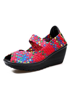 Ruiatoo Womens Comfortable Walking Shoes Wedge Platform Sandals Woven Pumps Mary Jane Shoes