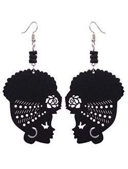 Wooden Flower Turban African Woman Head and Bead Dangle Hook Earrings