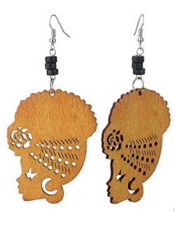 Wooden Flower Turban African Woman Head and Bead Dangle Hook Earrings