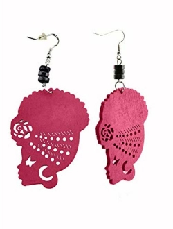 Wooden Flower Turban African Woman Head and Bead Dangle Hook Earrings