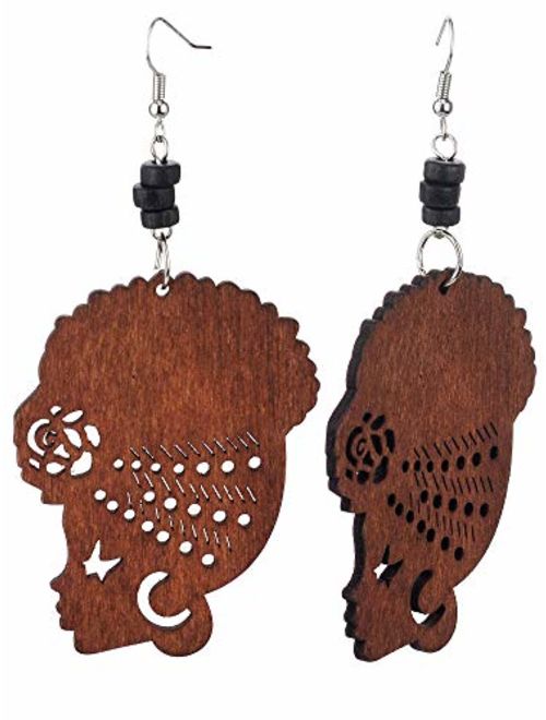 Wooden Flower Turban African Woman Head and Bead Dangle Hook Earrings