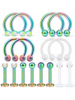 Dyknasz 16Pcs Surgical Steel Lip Rings Clear Diamond CZ Labret Studs Tragus Horseshoe Ring Helix Hoop Earring Body Jewelry Piercing Retainer for Women Men 16 Gauge