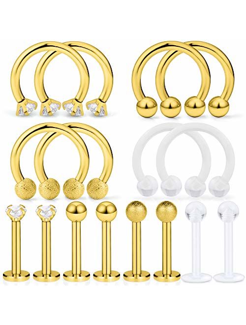 Dyknasz 16Pcs Surgical Steel Lip Rings Clear Diamond CZ Labret Studs Tragus Horseshoe Ring Helix Hoop Earring Body Jewelry Piercing Retainer for Women Men 16 Gauge