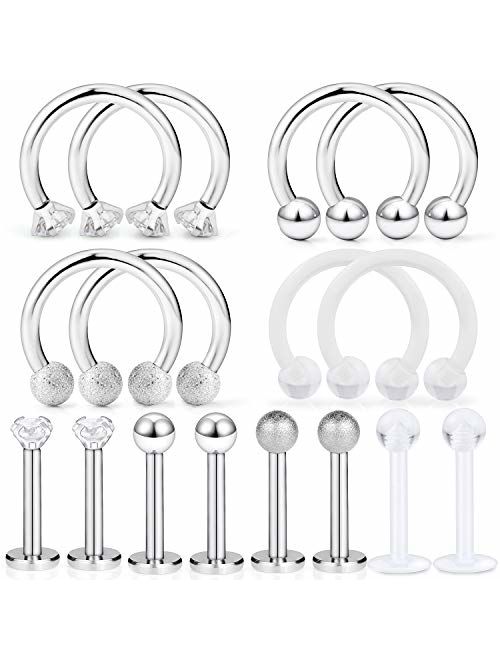 Dyknasz 16Pcs Surgical Steel Lip Rings Clear Diamond CZ Labret Studs Tragus Horseshoe Ring Helix Hoop Earring Body Jewelry Piercing Retainer for Women Men 16 Gauge