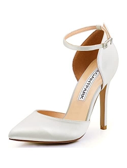 ElegantPark Pointed Toe Heels for Women Ankle Strap Wedding Bridal Shoes D'Orsay High Heel Pumps Satin Evening Party Dress Shoes