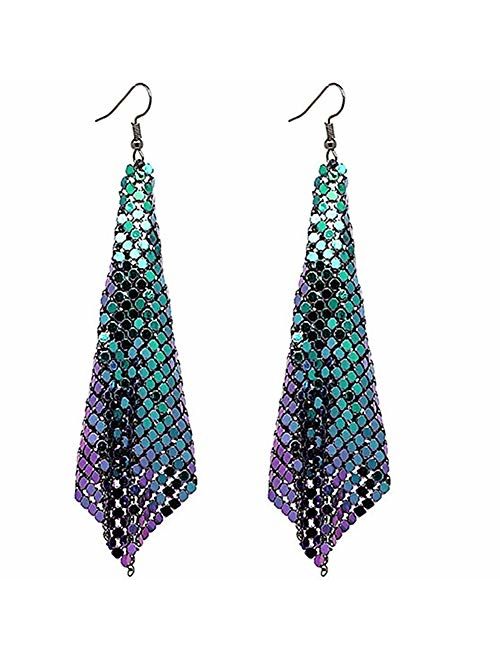 Suyi Trendy Women Earrings Metal Mesh Grid Sequins Tassel Long Drop Dangle Earrings