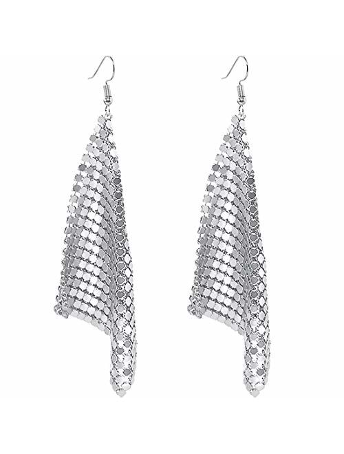 Suyi Trendy Women Earrings Metal Mesh Grid Sequins Tassel Long Drop Dangle Earrings