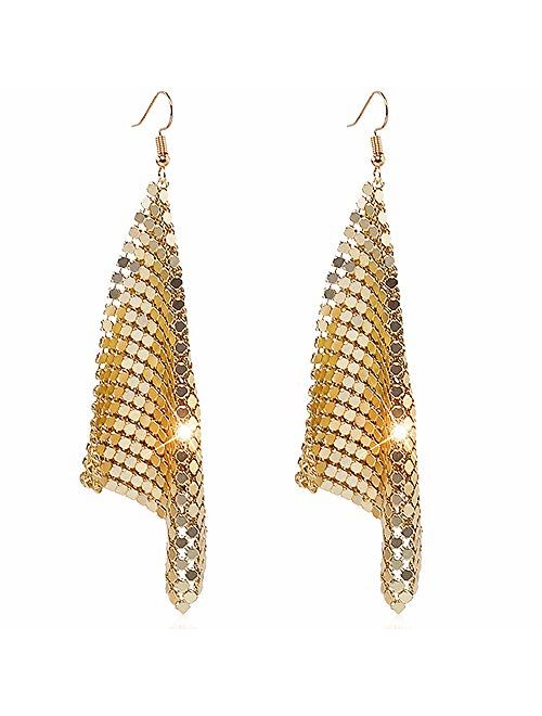 Suyi Trendy Women Earrings Metal Mesh Grid Sequins Tassel Long Drop Dangle Earrings