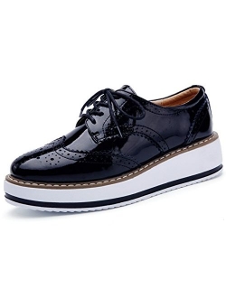 Women's Platform Lace-Up Wingtips Square Toe Oxfords Shoe