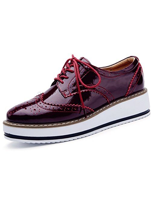 DADAWEN Women's Platform Lace-Up Wingtips Square Toe Oxfords Shoe