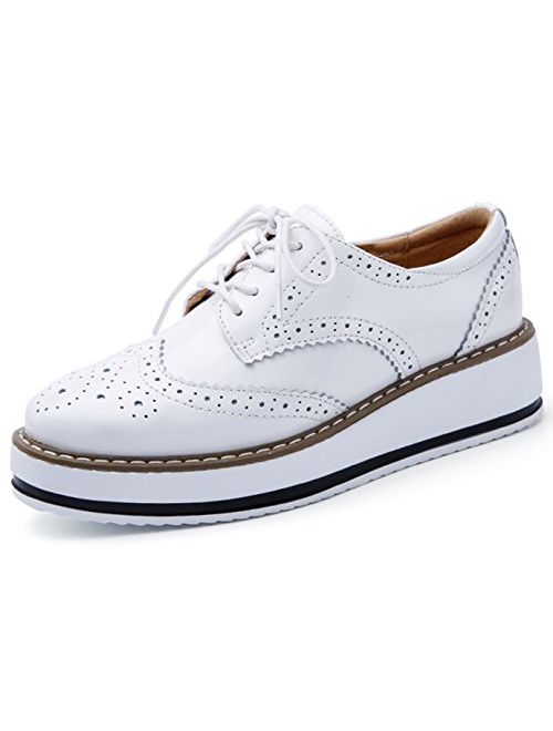 DADAWEN Women's Platform Lace-Up Wingtips Square Toe Oxfords Shoe