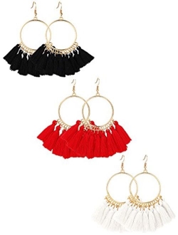 Gejoy Tassel Hoop Earrings Fan-shaped Drop Earrings Dangle Eardrop for Women Girls Party Bohemia Dress Accessory, 3 Pairs