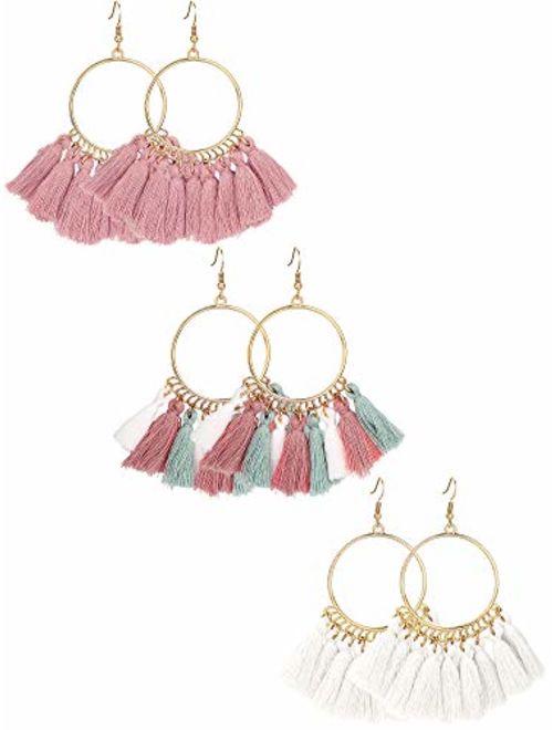 Gejoy Tassel Hoop Earrings Fan-shaped Drop Earrings Dangle Eardrop for Women Girls Party Bohemia Dress Accessory, 3 Pairs