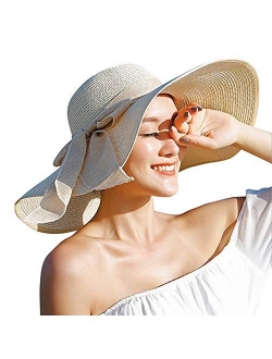 Women's Wide Brim Sun Protection Straw Hat,Folable Floppy Hat,Summer UV Protection Beach Cap