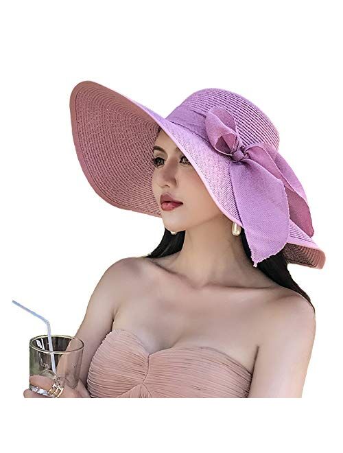 Women's Wide Brim Sun Protection Straw Hat,Folable Floppy Hat,Summer UV Protection Beach Cap