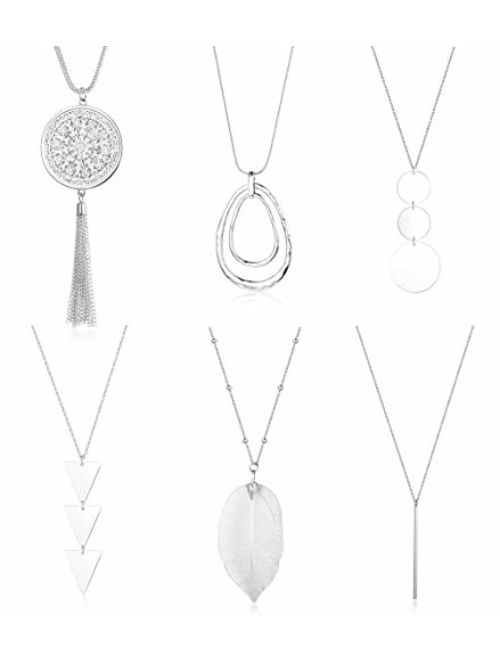 Finrezio 6PCS Long Pendant Necklace Set Tassel Pendant Simple Bar Necklace Strands for Women