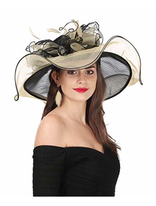 Lucky Leaf Women Kentucky Derby Church Cap Wide Brim Summer Sun Hat for Party Wedding