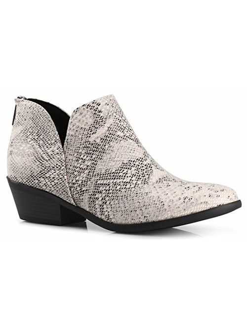 Women's Madeline Western Almond Round Toe Slip on Bootie - Low Stack Heel - Zip Up - Casual Ankle Boot