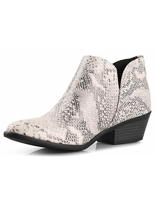 Women's Madeline Western Almond Round Toe Slip on Bootie - Low Stack Heel - Zip Up - Casual Ankle Boot