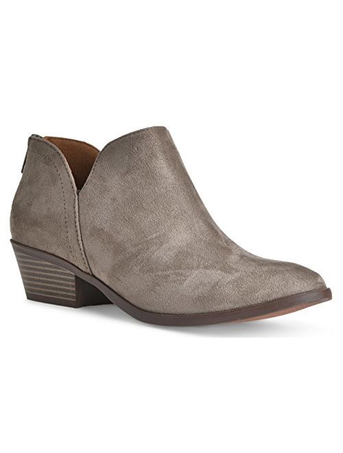 Women's Madeline Western Almond Round Toe Slip on Bootie - Low Stack Heel - Zip Up - Casual Ankle Boot