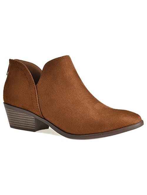 Women's Madeline Western Almond Round Toe Slip on Bootie - Low Stack Heel - Zip Up - Casual Ankle Boot