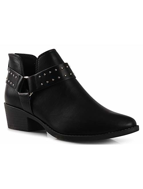 Women's Madeline Western Almond Round Toe Slip on Bootie - Low Stack Heel - Zip Up - Casual Ankle Boot