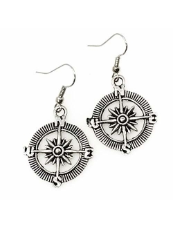 Steampunk Nautical Pirate Compass Earrings Pendant Charm Dangle in Antique Style