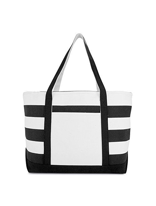 DALIX Striped Boat Bag Premium Cotton Canvas Tote Black, Red, Pink, Navy Blue, Purple