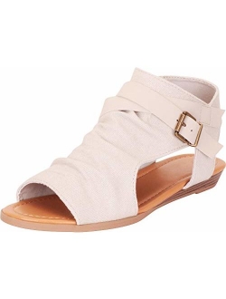 Cambridge Select Women's Crisscross Strappy Buckle Cutout Stacked Wedge Sandal