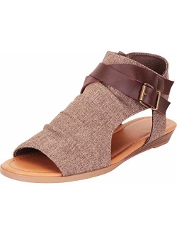 Cambridge Select Women's Crisscross Strappy Buckle Cutout Stacked Wedge Sandal