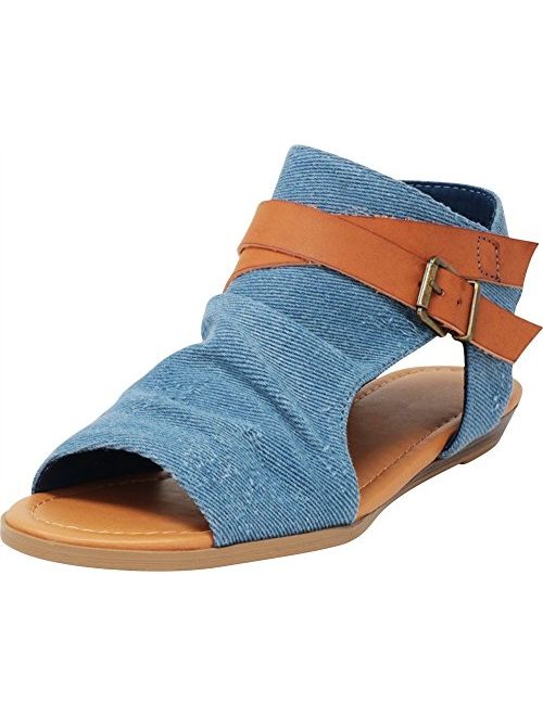 Cambridge Select Women's Crisscross Strappy Buckle Cutout Stacked Wedge Sandal