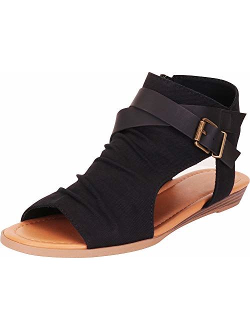 Cambridge Select Women's Crisscross Strappy Buckle Cutout Stacked Wedge Sandal