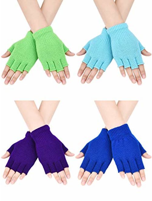 Bememo 4 Pairs Fingerless Gloves Half Finger Mittens Winter Solid Color Knitted Typing Gloves for Boys and Girls