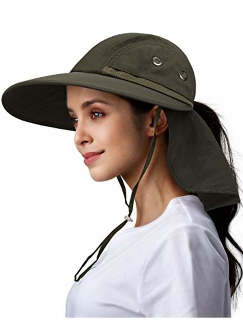 Camptrace Safari Sun Hats for Women Wide Brim Fishing Sun Hat with Neck Flap Ponytail Packable Summer Cooling Sun UPF Protection for Hiking Hunting Camping Outdoor Cap