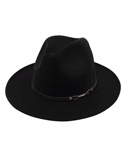 Lanzom Women Wide Brim Warm Wool Fedora Hat Retro Style Belt Panama Hat