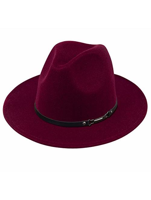 Lanzom Women Wide Brim Warm Wool Fedora Hat Retro Style Belt Panama Hat