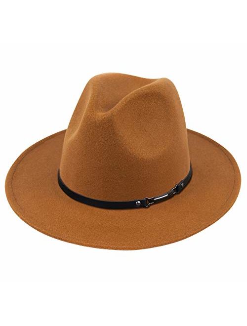 Lanzom Women Wide Brim Warm Wool Fedora Hat Retro Style Belt Panama Hat