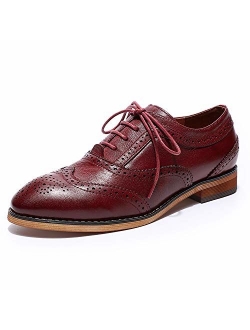 Mona flying Women's Leather Perforated Lace-up Oxfords Brogue Wingtip Derby Saddle Shoes for Girls ladis Women