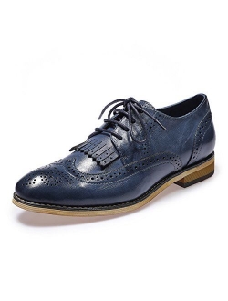 Mona flying Women's Leather Perforated Lace-up Oxfords Brogue Wingtip Derby Saddle Shoes for Girls ladis Women