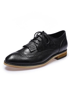 Mona flying Women's Leather Perforated Lace-up Oxfords Brogue Wingtip Derby Saddle Shoes for Girls ladis Women