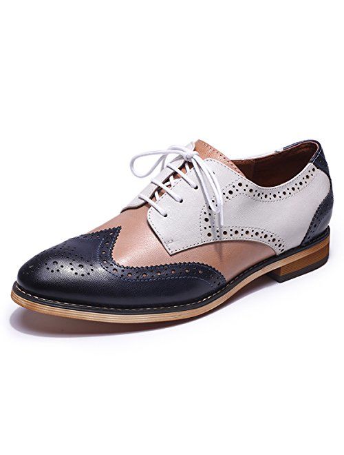 Mona flying Women's Leather Perforated Lace-up Oxfords Brogue Wingtip Derby Saddle Shoes for Girls ladis Women