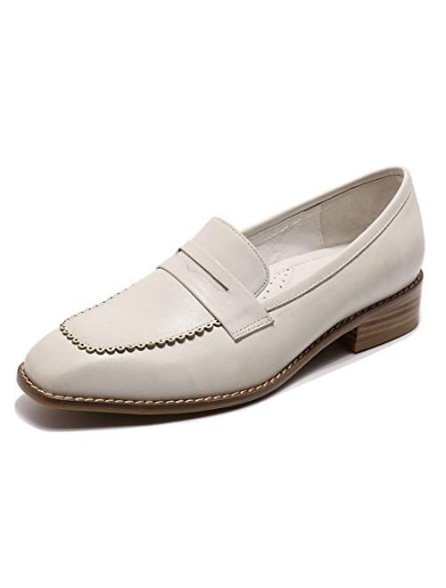 Mona flying Women's Leather Penny Loafer Casual Flat Shoes for Women Ladies Girls