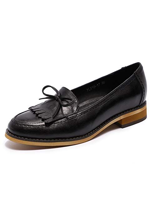 Mona flying Women's Leather Penny Loafer Casual Flat Shoes for Women Ladies Girls