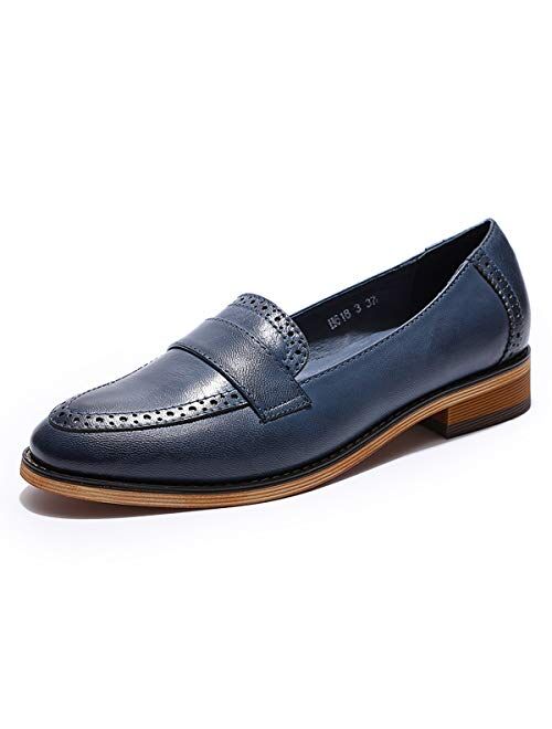 Mona flying Women's Leather Penny Loafer Casual Flat Shoes for Women Ladies Girls