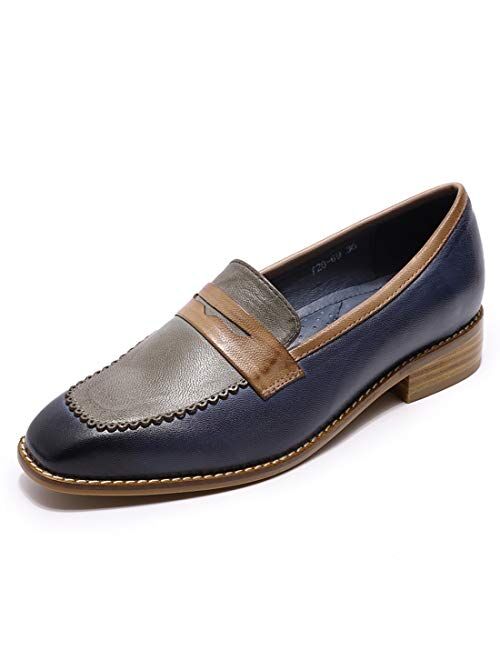 Mona flying Women's Leather Penny Loafer Casual Flat Shoes for Women Ladies Girls