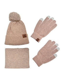 MOSANDON Knit Scarf/Hat/Gloves Set, Soft Warm Beanie, Touch Screen Unisex Cable Knit Winter Cold Weather Gift