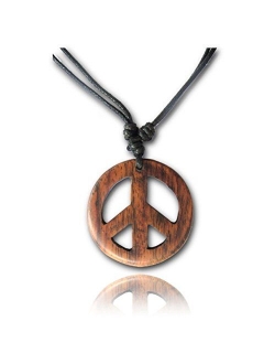 Earth Accessories Adjustable Peace Sign Pendant Necklace with Organic Wood - Hippie Accessories and Hippie Costume for 60s or 70s